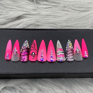 Mystery Design nails |  Press On Nails | Glue On Nails | False Nails |  Stick On Nails | Long Stiletto | Fake Nails- A164