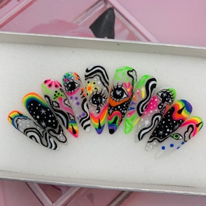 Psychedelic press on nails / hand painted / coffin nails design/Summer press on nails, florescent rainbow nails, nail art press on nails-A95