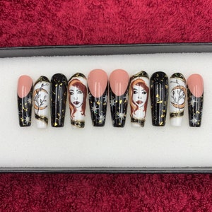 Magical press on nails / hand painted / coffin nails design/Summer press on nails, florescent rainbow nails, nail art press on nails- A97
