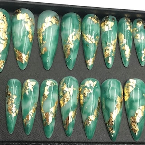 Turquoise  Marble Nail Set -Fake Nails | Glue On Nails | Press On Nails | Coffin Nails | Long Fake Nails- A55