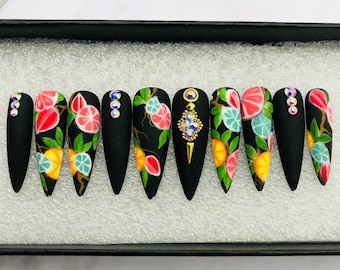 Lemonade Press On Nails | Black Coffin Luxury False Nails-A54