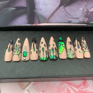 Spooky Halloween Stiletto Nails - Fake Nails | Glue On Nails | Press On Nails | Coffin Nails | Hand Painted Nails | Neutral Fake Nails- A18