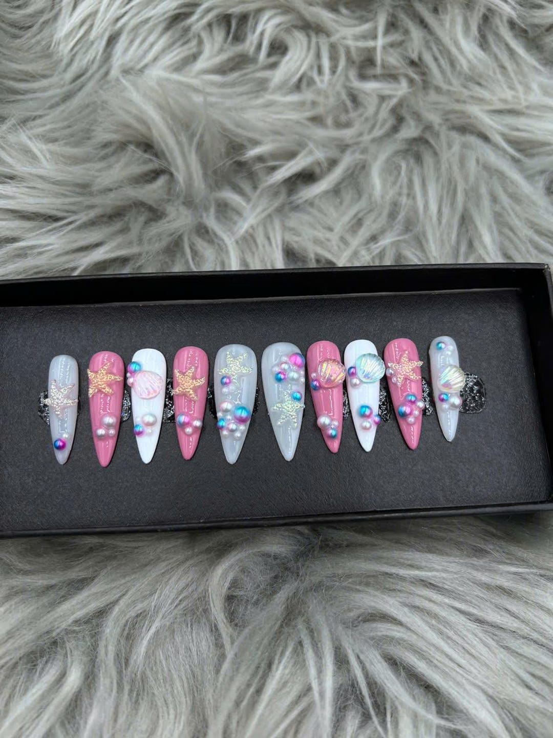 Hand Painted Press on Nails | Long Coffin, Seashell Design-a417 - Etsy
