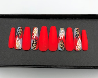Red Press On Nails | Long Coffin Nails with Gold Leaf Design-A49