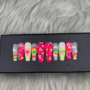 Press on nails / hand painted / coffin nails design/Summer press on nails, florescent rainbow nails, nail art press on nail - A272