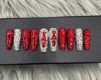 Hand-Painted Christmas Press On Nails | Red Jewel Coffin Nails-A361