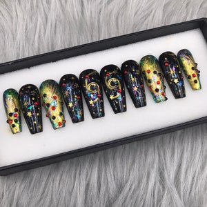 Black Glitter Press On Nails|Glue On Fake Nails| Luxury Handmade Nails| Hand Painted Nails - A317