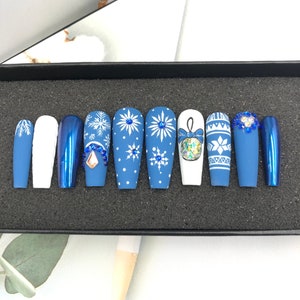 Night Christmas Press On Nails | Fake Nails | Glue On Nails | Luxury Nails | Coffin Nails | Long Fake Nails A93