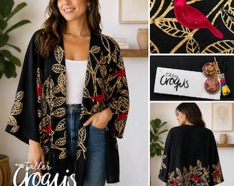 Größere Croquis Damen M / L Schwarze Kimono-Jacke Handbemalte Vögel NWOT