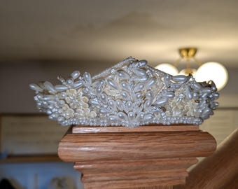 Vintage Perlen Brautkrone Tiara Ivory Perlen Hochzeit Halo Kopfschmuck 18 cm