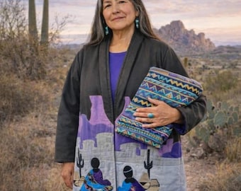 One of a Kind 1992 signierte Mary Reynolds Handmade Wearable Art Quilted Coat Southwest Rare