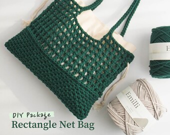 May include: DIY kit for a rectangle net bag made with green rope yarn. The kit includes one cone of Emilli yarn in your choice of color. DIY Package Rectangle Net Bag The package includes: 1 cone of Emilli yarn (your choice of color)