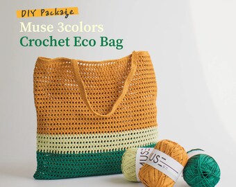 DIY crochet bag package:  yarn and printed pattern included - Muse 3 colors  Crochet Eco Bag, summer bag, muse yarn