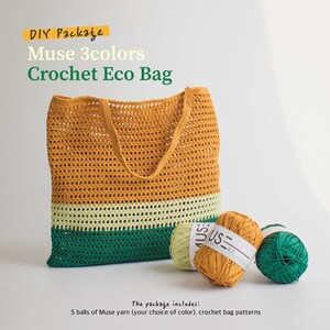 Pacote de bolsa de crochê DIY: fio e padrão impresso incluídos - Muse 3 cores Crochet Eco Bag, bolsa de verão, fio musa