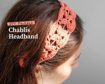DIY crochet headband package - Chablis headband crochet pattern, yarn, hairband for adults and kids, easy crochet, hair accessories