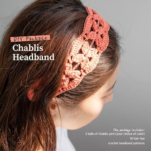 DIY crochet headband package - Chablis headband crochet pattern, yarn, hairband for adults and kids, easy crochet, hair accessories