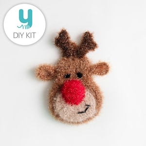 May include: A brown and beige fuzzy reindeer ornament with a red pom-pom nose and black eyes. The ornament is a DIY kit.