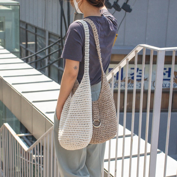 DIY crochet bag pattern - Muse Hemp Ethnic Net Bag, Hobo Crossbody, Hippie Slouchy bag