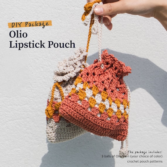 DIY Crochet Pouch Package: Yarn and Pattern Olio Lipstick Pouch DIY Kits,  Easy Crochet Pattern, Small Pouch, Makeup Bag 