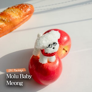 Może przedstawiać: Biały pluszowy piesek w czerwonych okularach i czerwonym szaliku siedzi na dwóch czerwonych jabłkach. Tekst "DIY Package Molu Baby Meong" jest widoczny w lewym dolnym rogu obrazu.