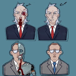 以下が含まれることがあります： スーツを着た男性の4つのポートレートのデジタルイラスト。2つは負傷した男性、1つはロボットの顔、もう1つは血まみれの鼻を示しています。他の2つのポートレートは、ニュートラルな表情の男性を示しています。