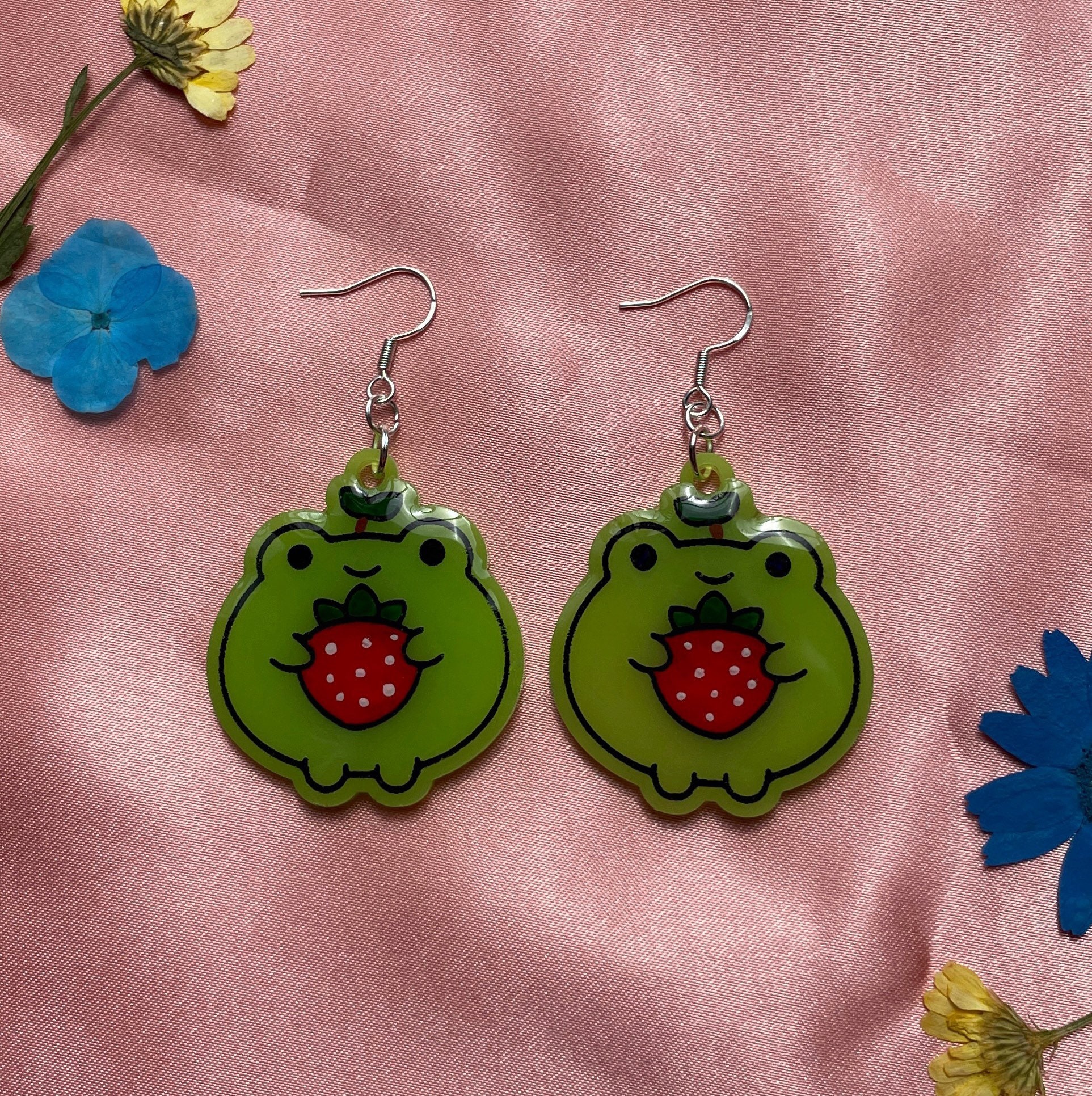 Strawberry Frog Earrings Frog Earrings Froggy Earrings