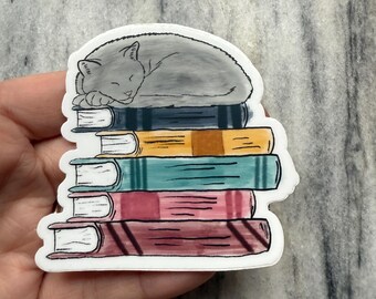 Sticker boekenstapel slapende kat | Laptopsticker | Notitieboekjesticker | Vinylsticker | Waterdichte sticker