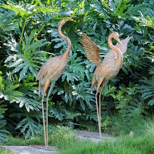 Standing Crane Metal Garden Sculpture Gold Garden Crane Statues Set of 2  Bird Yard Art for Outdoor Decor