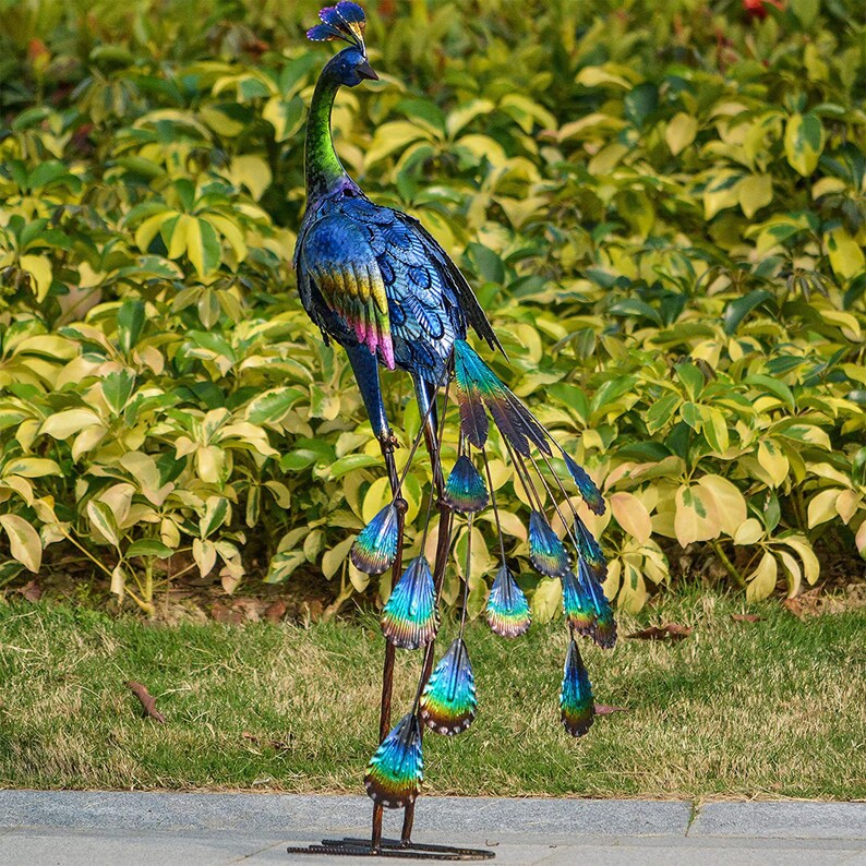 35 Inch Outdoor Metal Peacock Statue Yard Art Hand Painted Etsy