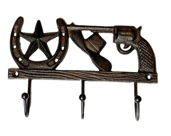 Set//6 Rustic Cowboy Western Hat Horse Shoe Wall Mounted Coat Hooks Cast Iron