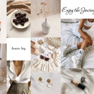 Puede incluir: Un collage de imágenes con una paleta de colores neutros que presenta un coco, chocolate, un jarrón con flores secas, una mujer vestida de blanco y zapatillas blancas, una camisa blanca, un par de pendientes, un lápiz labial y un coche. El texto "Enjoy the Journey" y "Hello Gorgeous" también se incluye en el collage.
