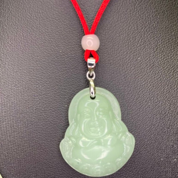 Natural Jade Lucky laughing Buddha Pendant 925 Sterling Silver/Red String Necklace
