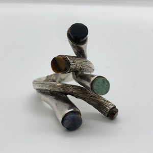 Mexican Brutalist Ring with 5 Semi Precious Stones Sterling Silver Eagle #3,
