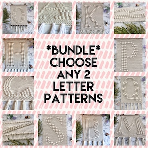 Puede incluir: Un collage de nueve imágenes que muestran diferentes patrones de letras de ganchillo. Las letras están hechas con hilo blanco y tienen un efecto 3D. El texto *BUNDLE* CHOOSE ANY 2 LETTER PATTERNS se muestra en el centro del collage.