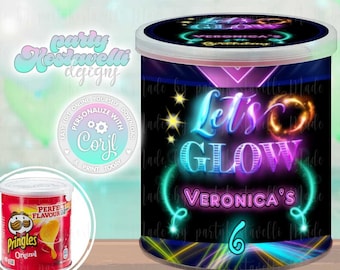Neon Glow party Potatoes can wrapper chips birthday favors bag label Let's Glow in the dark party Neon theme wrap fluorescent black light up
