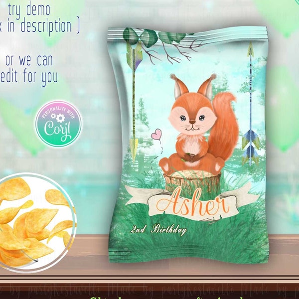 Squirrel birthday party chip bag wrapper label Woodland animals theme favors treats gifts forest Squirrel with nut snack wrapper printables