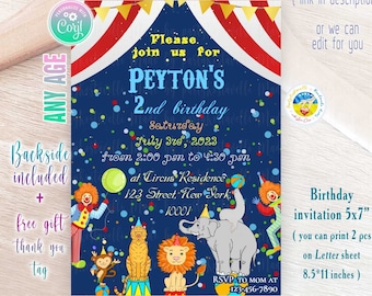 Birthday Invitation Circus animals Carnival party Invite Greatest show on earth Editable invitation template Circus invitation Carnival