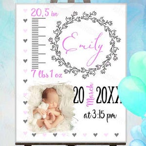 Faire-part Panneau des jalons Photo pour nouveau-né Détails de la naissance Panneau de statistiques pour bébé fille Poster mural Imprimé pour chambre d'enfant Panneau d'étapes Hello world