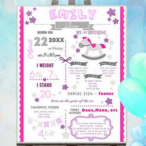 Lavagna per il primo compleanno di una bambina - Poster rosa con cavallino a dondolo, dati sulla nascita, decorazioni per feste di 1 anno