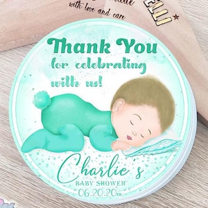 Etichetta per baby shower, bomboniera, regalo di ringraziamento, battesimo, 1° compleanno, bomboniere, regalo di benvenuto, bambino addormentato, verde acqua, colore verde acqua