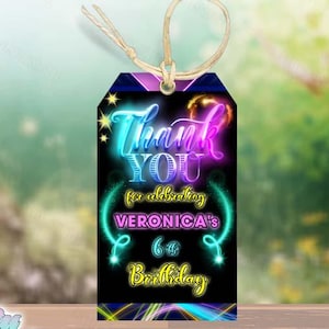 Neon Glow Thank You Tags: Birthday Party Favors Digital Download, Printable
