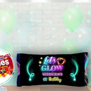 Neon Glow party skittles bag wrapper birthday favors candy bag label Let&#39;s Glow in the dark party Neon theme wrap fluorescent black light up