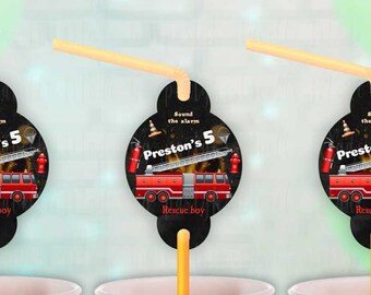 Firefighter Straw tag Fire truck juice water straws label, Fireman labels cocktail tube Fire party Firefighter Birthday party Rescue boy tag