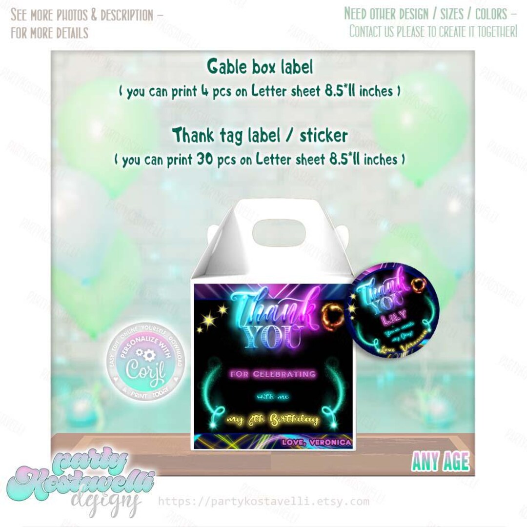 Neon Glow Gable Box Label Let's Glow in the Dark Birthday Favors ...