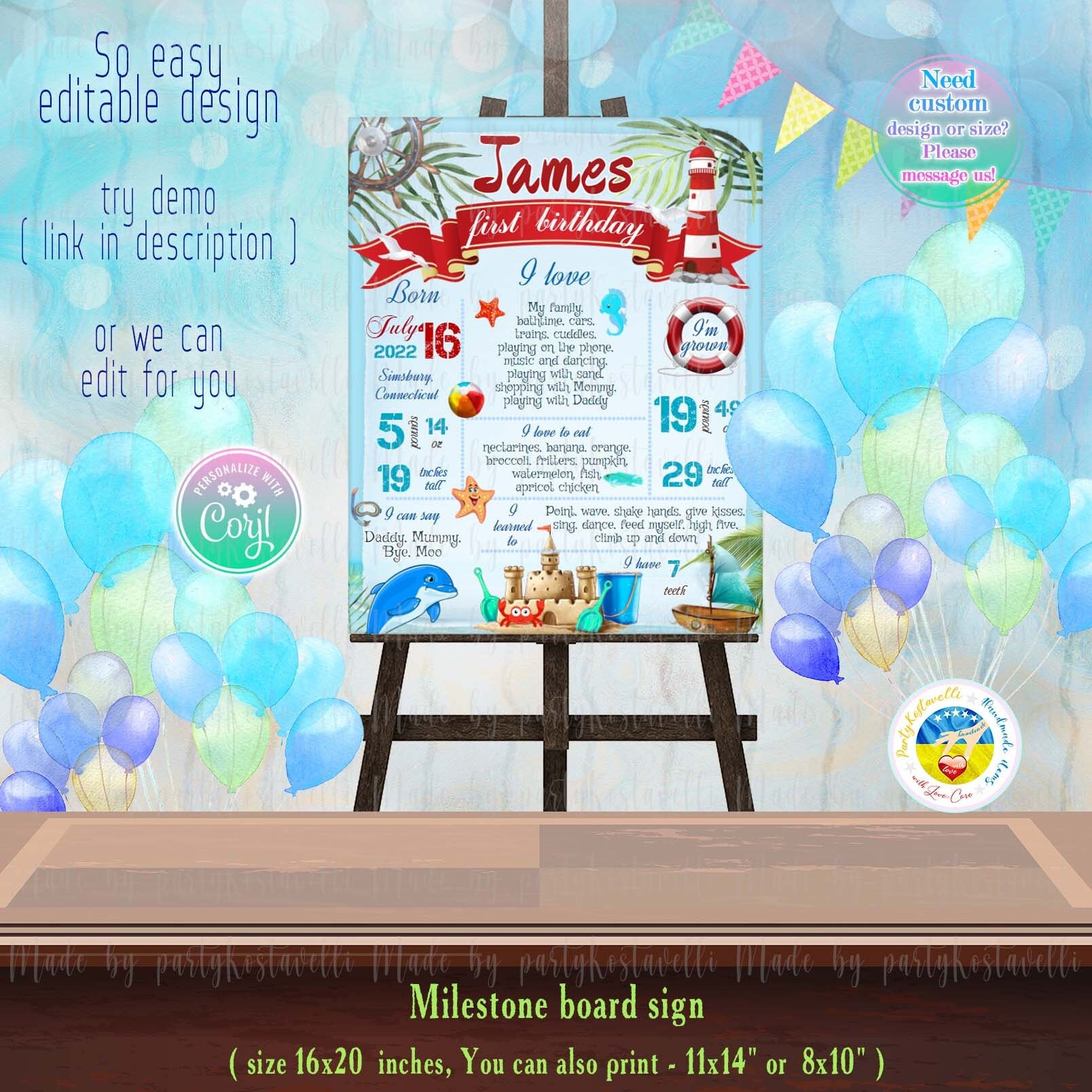 Nautical Milestone First Birthday Sign Sea Poster Birthday Sign 1st ...