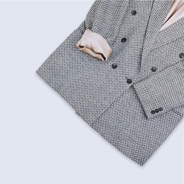 Blazer vintage des années 90 | Blazer en tweed gris argenté | Blazer rétro à double boutonnage | Veste oversize à col cranté avec épaulettes | taille 52