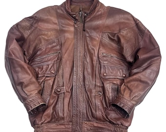 Vintage 80s 90s Brown Leather Bomber Jacket | size XL