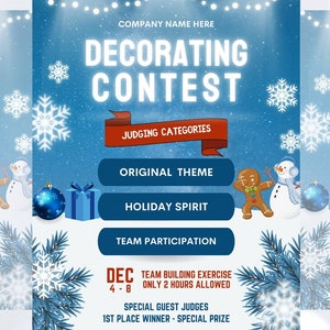 Volantino per il concorso di decorazioni natalizie, modello di volantino, modello Canva, festa di Natale, festa per le vacanze, invito da scaricare, settimana dello spirito natalizio