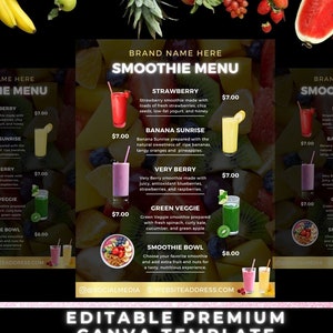 Menu de smoothie, modelo de menu de bebidas, menu de bar, modelo Canva, folheto de bartender, menu de sucos, menu de coquetéis, folheto pré-fabricado, folheto DIY