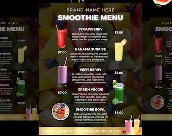 Smoothie Menu, Drinks Menu Template, Bar Menu, Canva Template, Bartender Flyer, Juice Menu, Cocktail Menu, Premade Flyer, DIY Flyer